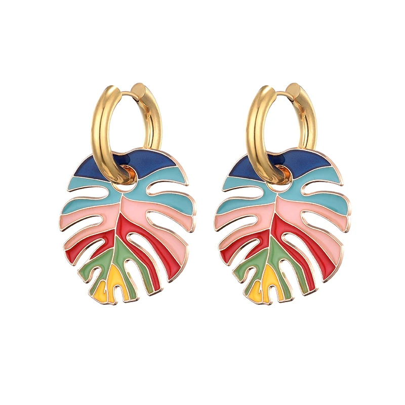 Heiße Bunte Große Blatt Anhänger Gold Farbe Edelstahl Ohrringe Für Frauen Schmuck Vintage Aussage Emaille Runde Creolen