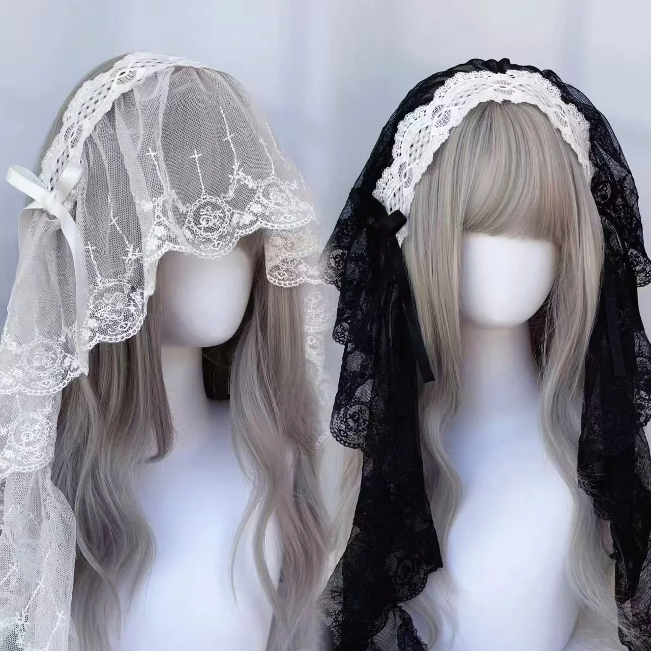 Gothic Harajuku Lolita Schwarz-Weißes Spitzen-Stirnband Damen-Schleier Cosplay-Kopfbedeckung Süßes Halloween-Haaraccessoire
