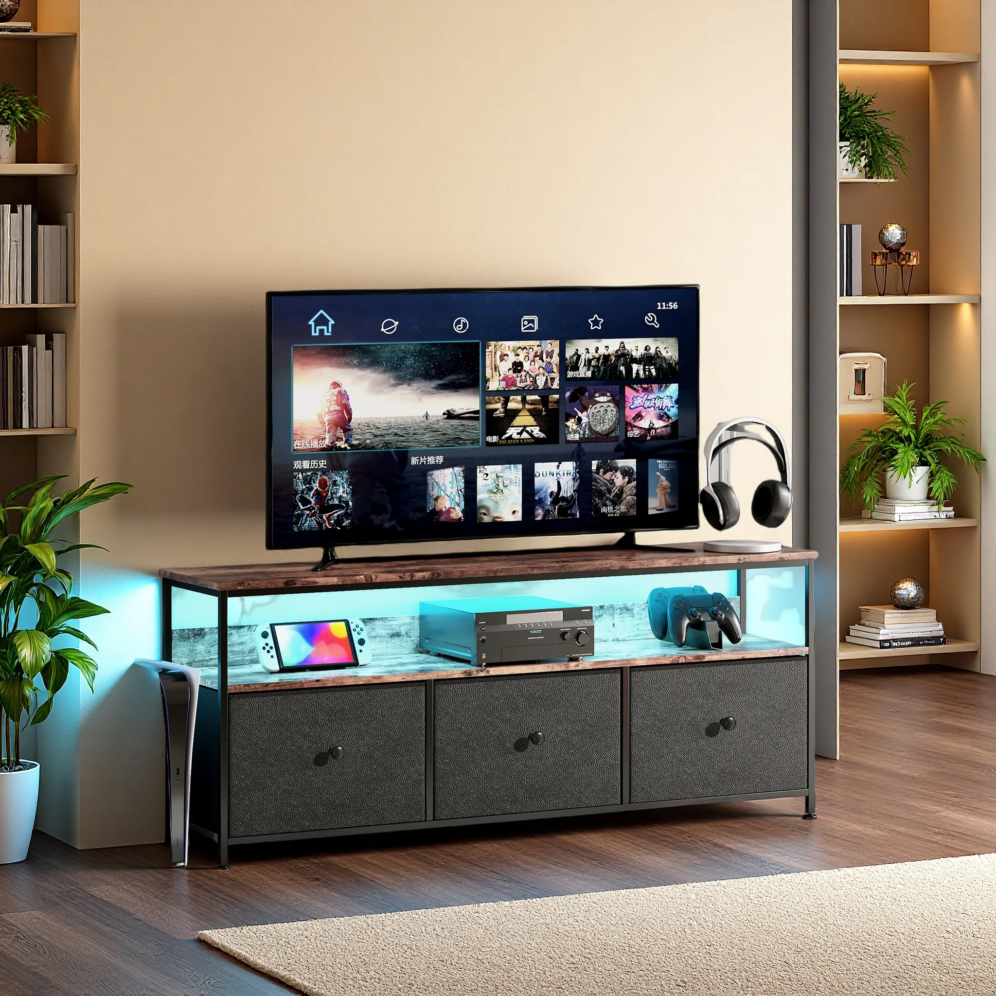 TV Schrank mit LED 108x30x78 cm, Lowboard für Fernseher bis 55 Zoll, Fernsehtisch mit 3 Schubladen und offenen Fächern, Sideboard für Wohnzimmer Schlafzimmer, moderner TV Tisch Stauraum