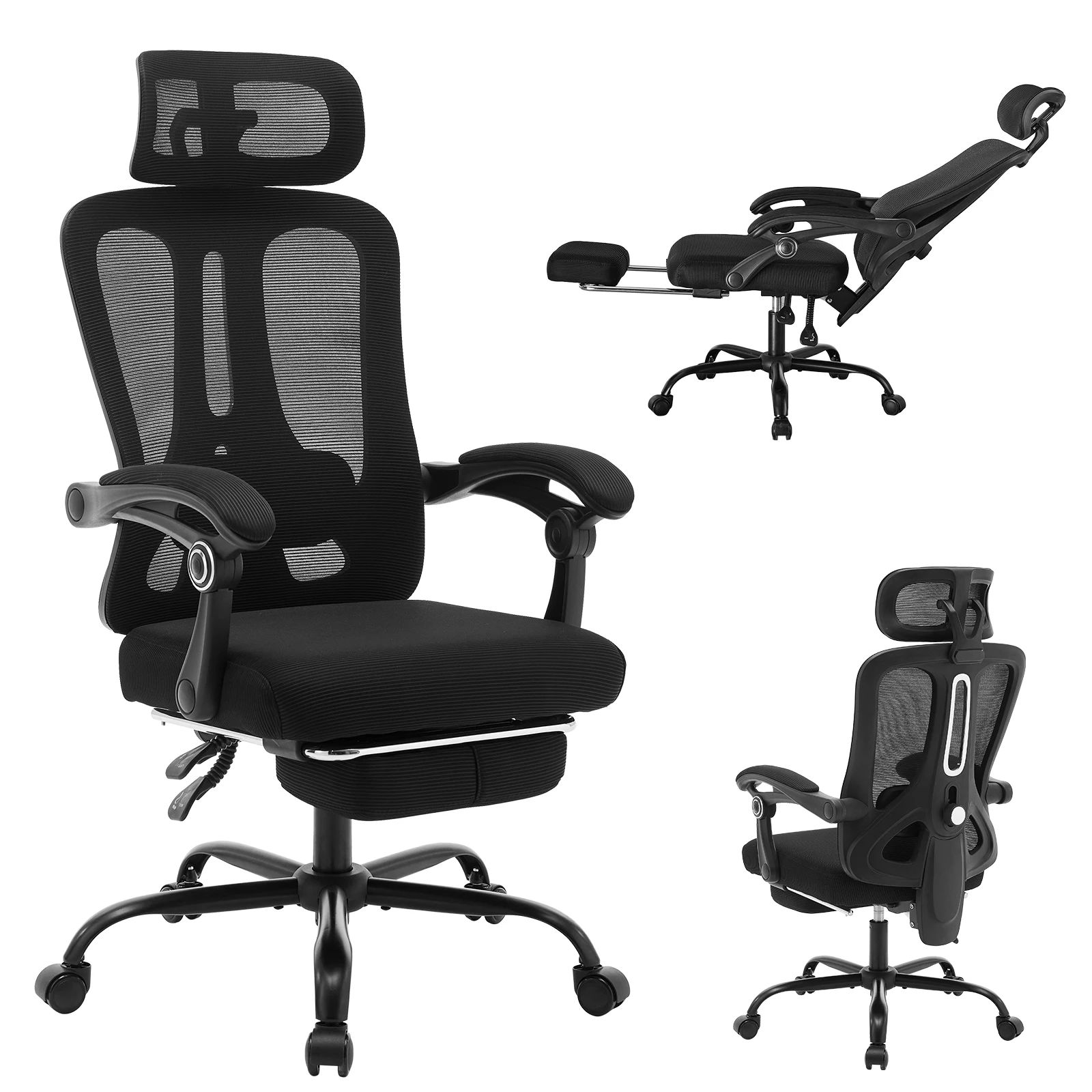 Ergonomischer Bürostuhl mit Verstellbarer Lendenwirbelstütze, Drehbarer Arbeitsstuhl mit Kopfstütze und Fußstütze, Netzrücken-Gaming-Stuhl