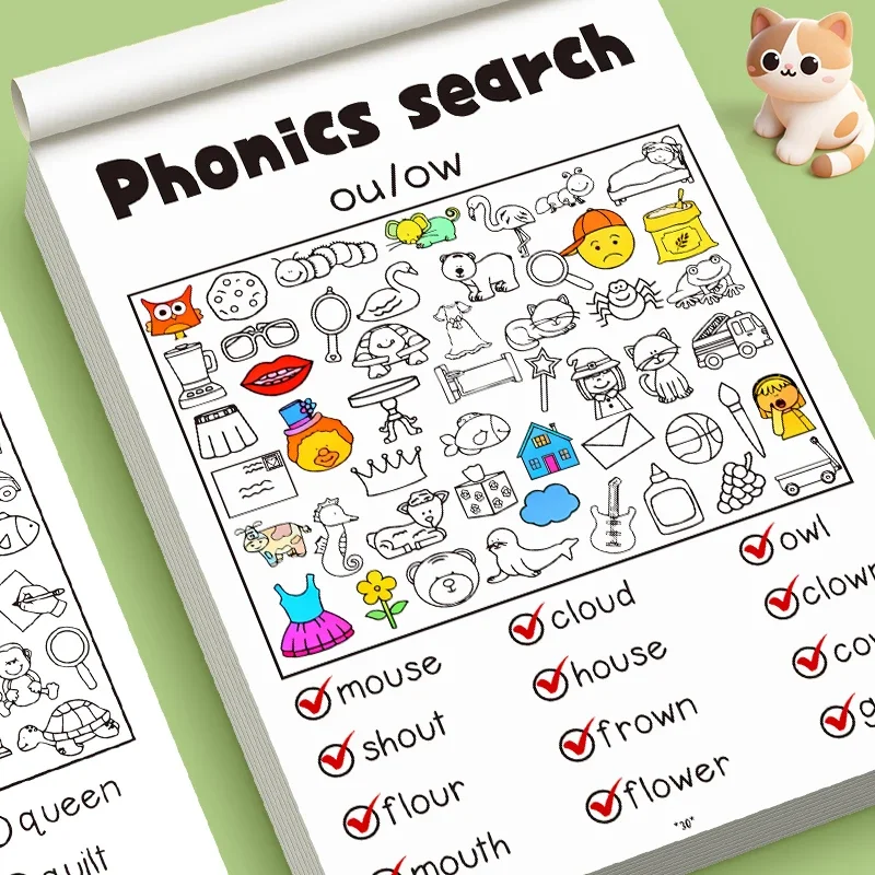 Phonics-Aktivitäts-Arbeitsbuch für Kinder – Suche, lesen und finden Sie Wörter, kurze Meisterkutsche und verschwörter Mischungen, Alter 4–8 Jahre Image