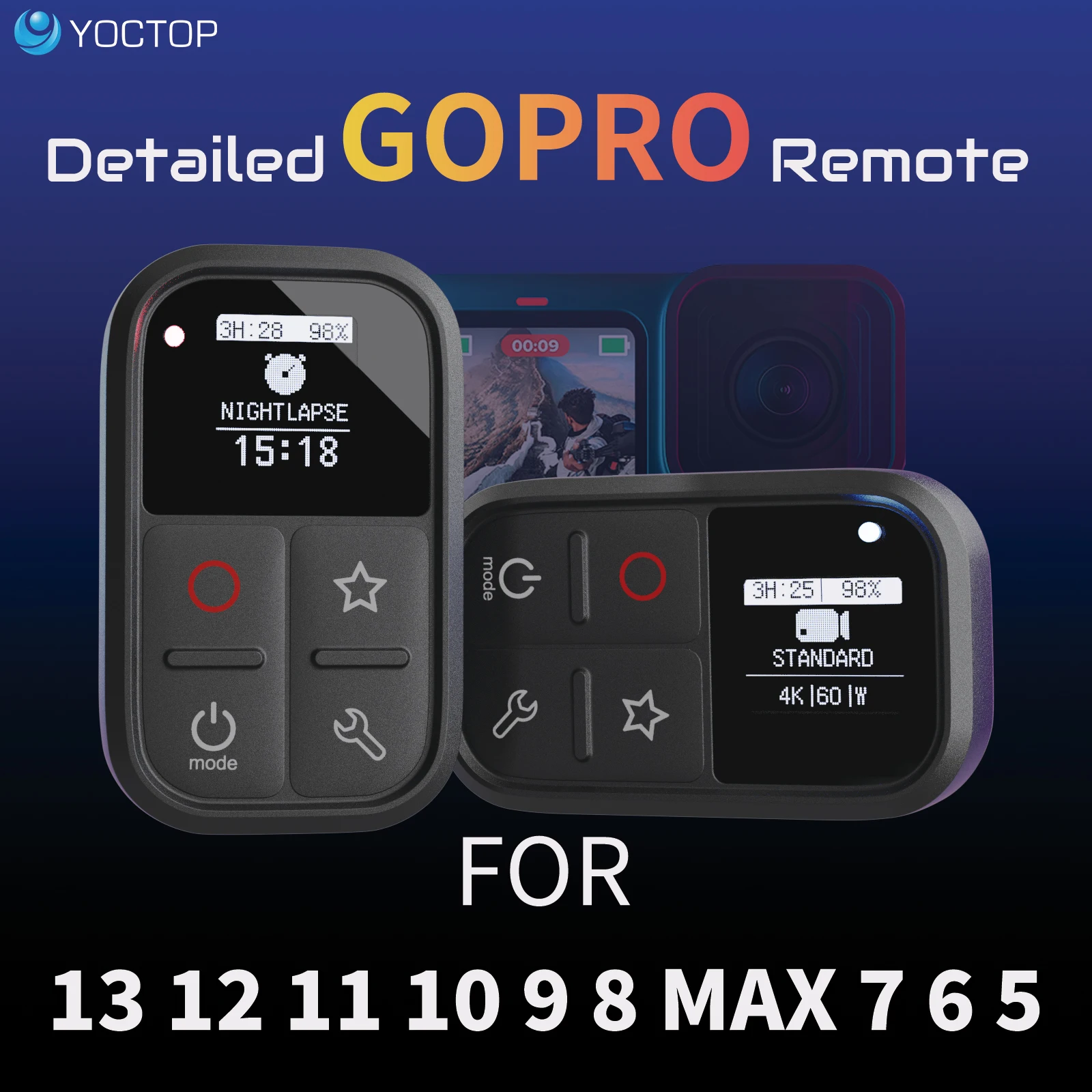 Geeignet für GoPro-Kamera Bluetooth-Fernbedienung mit OLED-Bildschirm, kompatibel mit GoPro 13 12 11 10 9 8 Max 7B 6 5 Fernbedienung Image