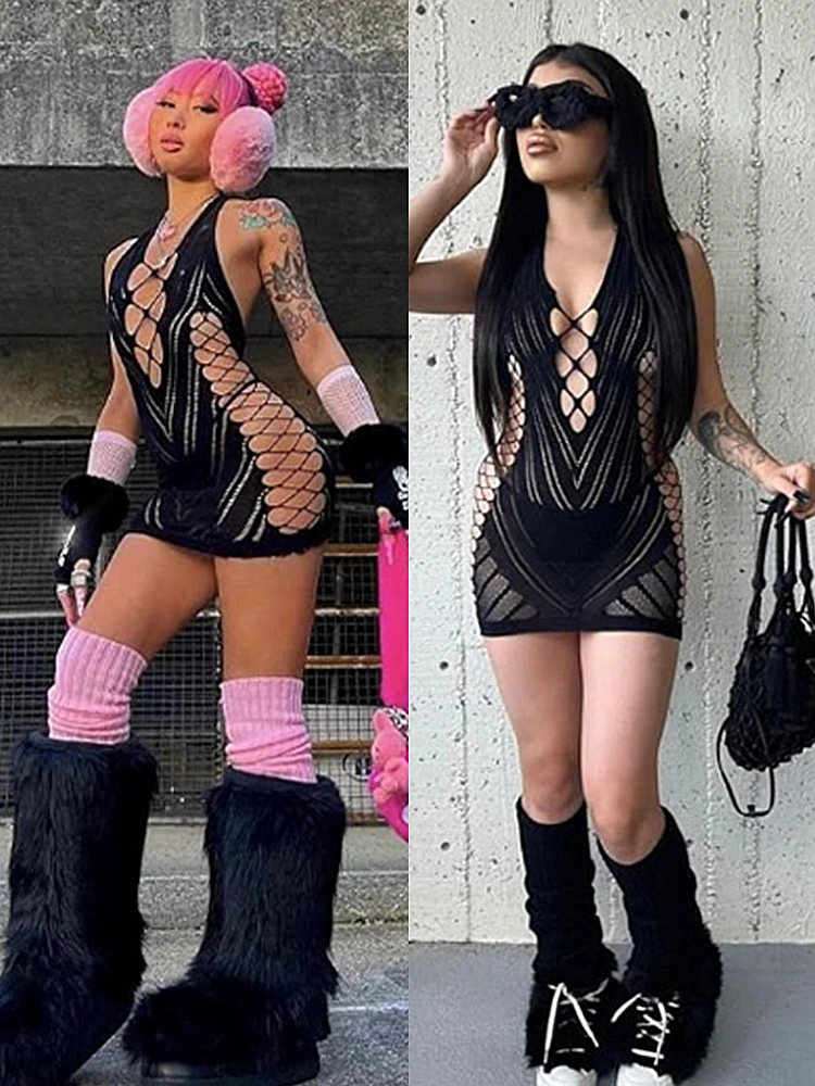 Transparente Spitze, kurzes Kleid, rückenfrei, hohles Neckholder-Nachthemd, sexy Damen-Pyjama, Nachtwäsche, Nachthemd, Party, Club, Minikleider Image