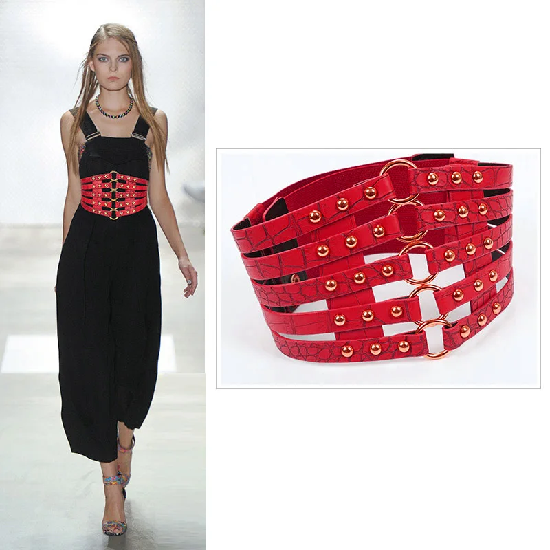 Korsett gürtel plus größe designer gürtel für frauen breite cinturon mujer elastische cummerbunds taille former punk niet ceinture stretch Image
