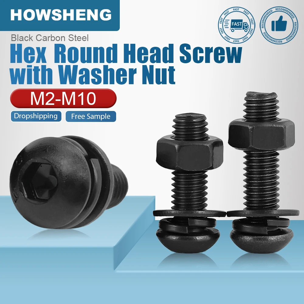 M2 M3 M4 M6 M8 M10 Innensechskant-Halbrundkopfschrauben-Set mit Unterlegscheibe, Mutter, schwarzer Kohlenstoffstahl, Sechskant-Rundkopf-Schraubenmuttern-Kits Image