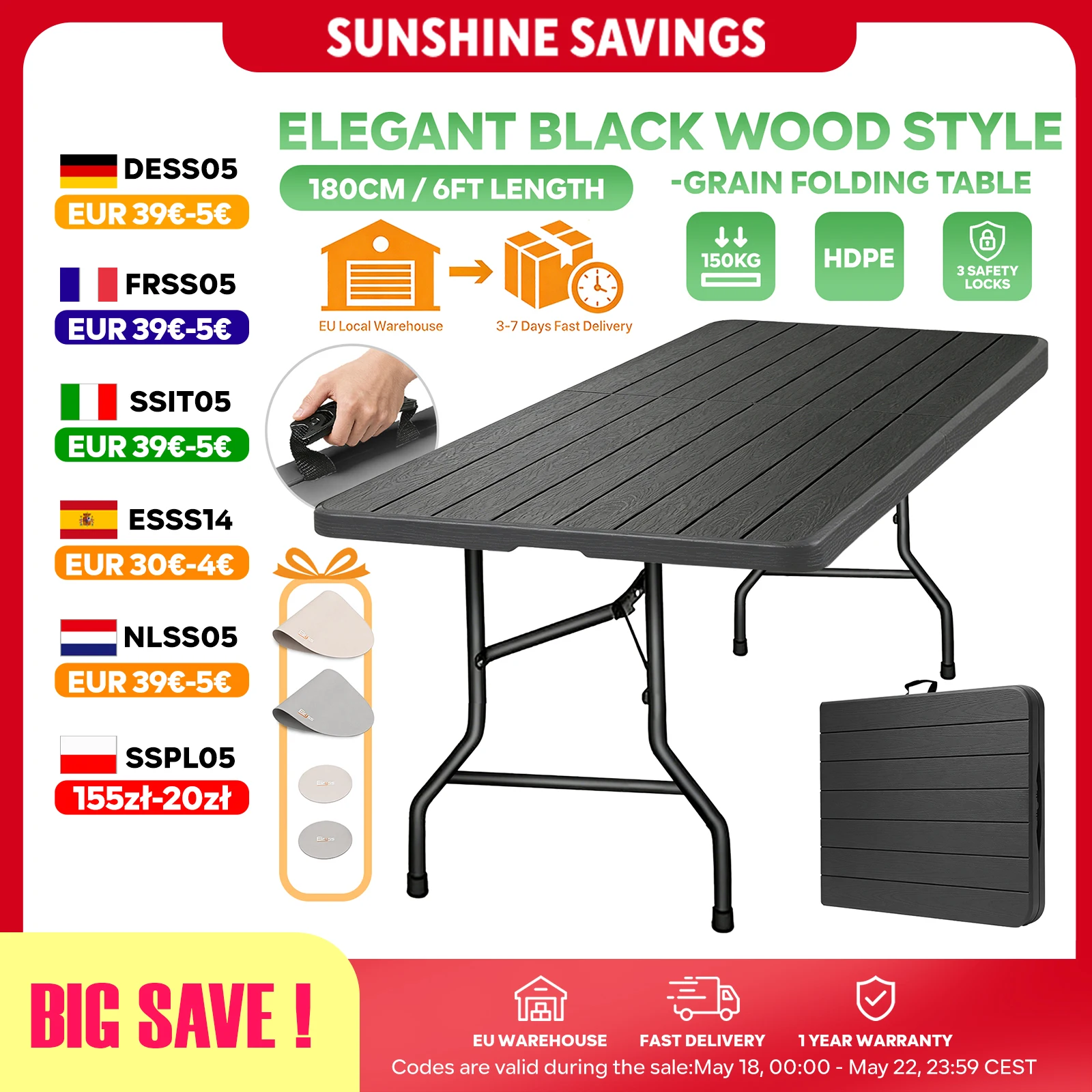 180cm Tragbarer Klapptisch HDPE Gartentisch Koffertisch Outdoor Camping 150kg + 2 Tischsets & Untersetzer Image