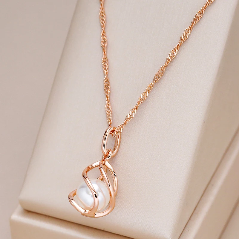 Kinel Luxus-Halskette mit Anhänger aus 585er Roségold für Damen, einzigartige geometrische hohle Perle, Braut- und Hochzeitsschmuck, Geschenk für den täglichen Gebrauch Image