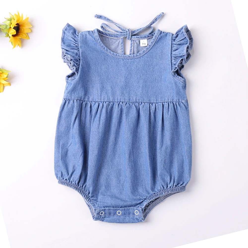 Baby Mädchen Strampler Kleinkind Rüschen Strampler Baumwolle Denim Fly Ärmellose Sommer Body Sunsuit Outfits Neugeborenen Overall Image