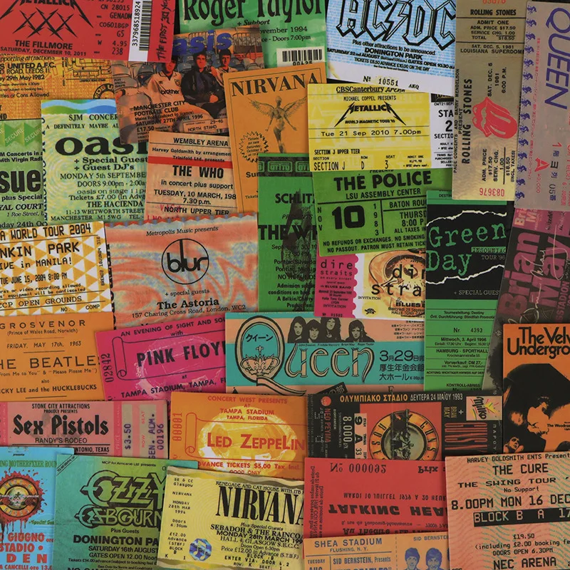 43PCS Rock Musik Ticket Graffiti Aufkleber Retro Band Aufkleber für Kinder Spielzeug Coole Wasserdichte DIY Gitarre Motorrad Auto Aufkleber Image