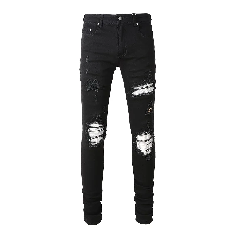 Männer Geknackt Silber Leder Patch Biker Jeans Streetwear Dünne Konische Stretch Denim Hosen Löcher Ripped Patchwork Schwarze Hose