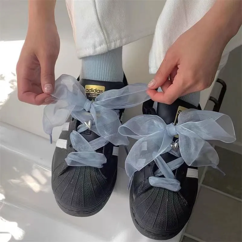 4 cm Verbreitert Transparent Chiffon Garn Schnürsenkel Flache Seide Großen Bogen Breite Schnürsenkel Trend Schönheit Weiß Casual Schuhe Schnürsenkel Dropship