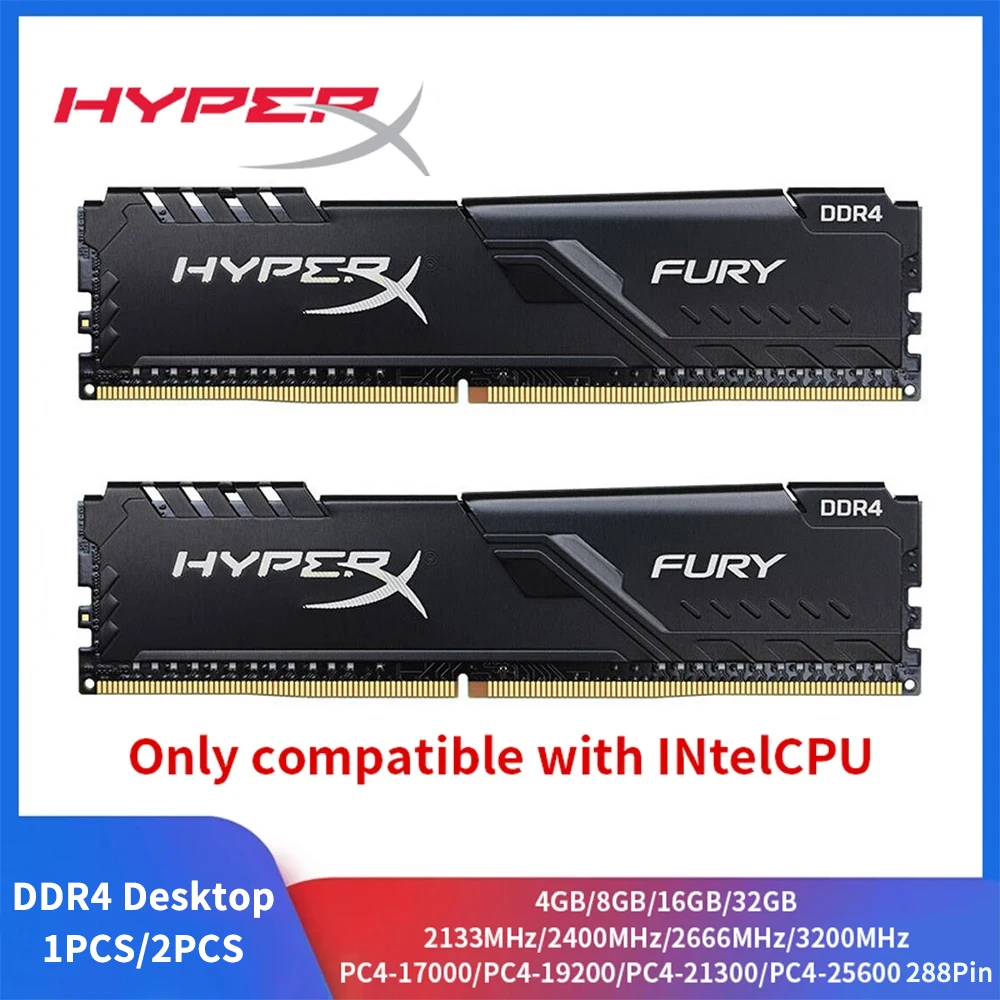 HyperX Fury Memoria DDR4 8 GB 16 GB 4 GB RAM 3200 MHz 2666 MHz 2400 MHz 2133 MHz Desktop-RAM 1,2 V DIMM PC-21300 25600 Image