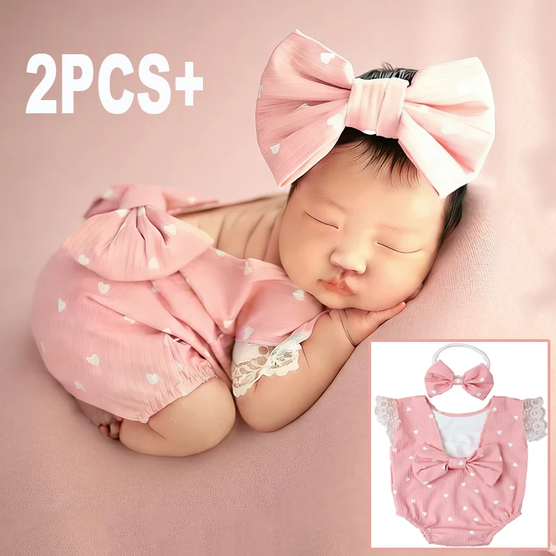Ylsteed Staubiges Rosa Neugeborenen-Fotografie-Outfit mit Schleifen-Stirnband, Herz-Print und großer Schleife, Strampler für Baby-Fotostudio-Requisiten – HD Image