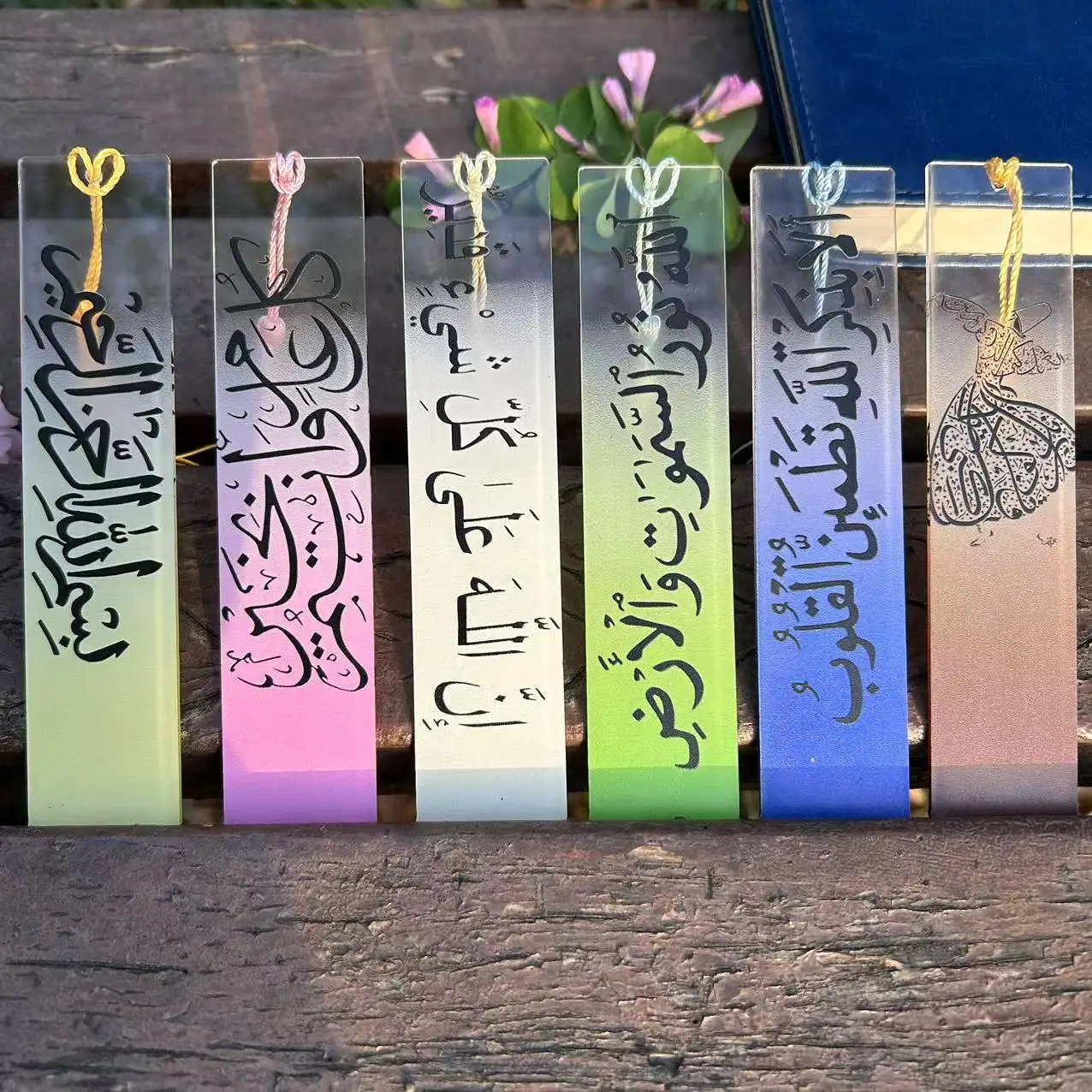 6 Stück farbige Acryl-Quasten-Lesezeichen, arabische Kalligraphie, muslimischer Koran, PMMA-Material, geeignet für Leseliebhaber Image