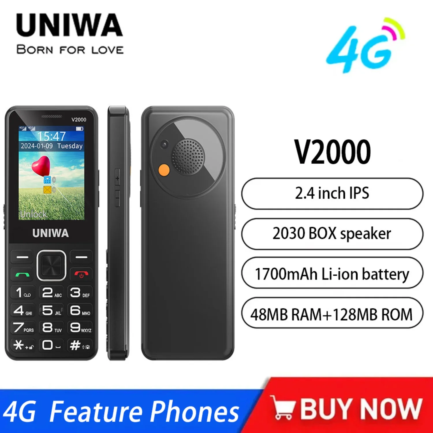 UNIWA V2000 4G-Tastatur-Telefon, 2,4 Zoll, große Taste, laute Lautstärke, Dual-SLM, 1700 mAh, Russland, hebräische Tastaturfunktion, Telefone für ältere Menschen Image