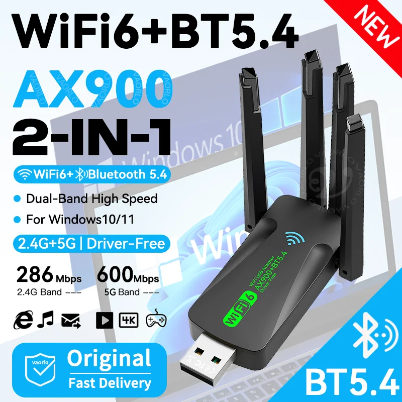AX900 WIFI6 Bluetooth 5.4 USB Wireless Adapter 2,4 GHz 286 Mbit/s + 5 GHz 600 Mbit/s Dual Band 4-Antennen WiFi Netzwerkkarte für WIN10/11 Image