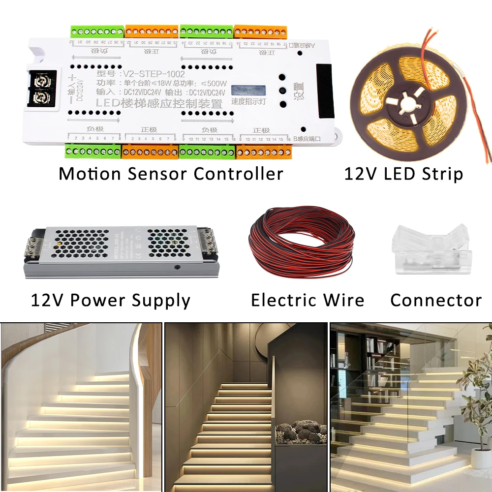 LED-Bewegungsmelder, Treppenlicht-Streifen-Controller, DC 12 V, 24 V, 32 Kanäle, intelligentes PIR-Nachtlicht, Einzelfarbsteuerung, flexibles Klebeband