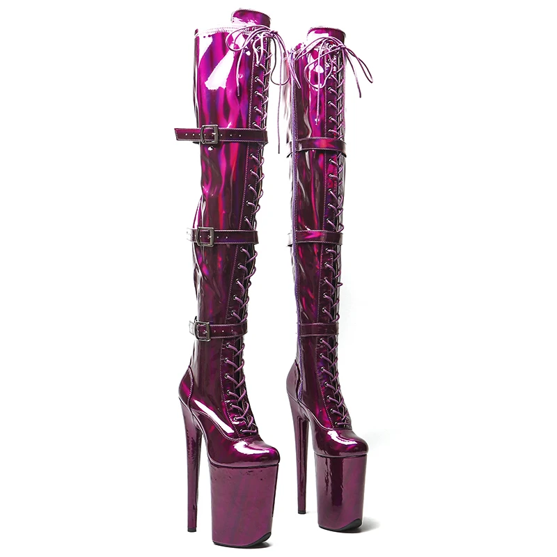 Leecabe 23 cm/9 Zoll Holographische Glänzende PU-Stiefel im Gürtelstil Trendige Mode High Heel Plateau Stripper-Absatz Pole Dance Stiefel