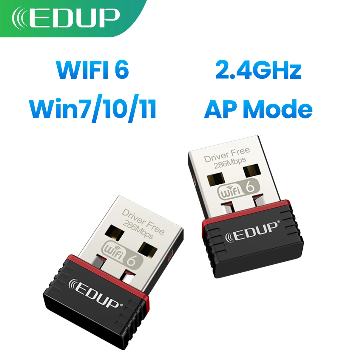 EDUP AX300 WIFI6 Treiberfreier 2,4 GHz Nano-Wireless-USB-Adapter 286 Mbit/s Infrastruktur und Ad-Hoc für Win 7/Win10/Win11 Image