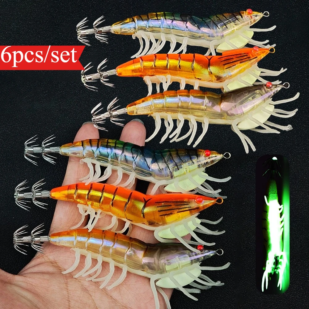 6 teile/satz 12 cm/27g Glow Garnelen Angeln Lockt Leucht Tintenfisch Jig Haken Octopus Garnelen Garnelen Köder tintenfisch Angeln Zubehör Image