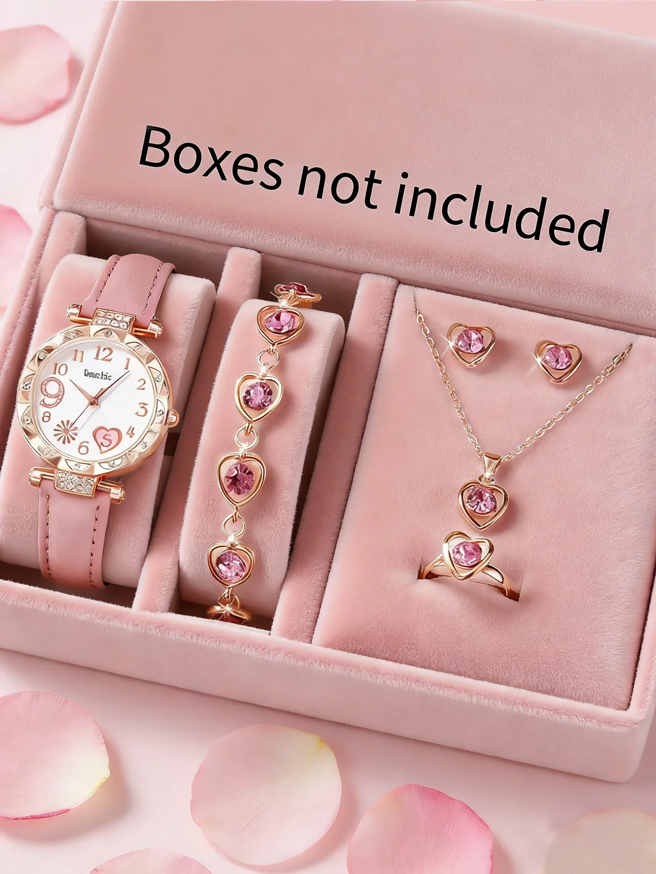 Damen-Quarzuhr und Satz eingelegter Schmuck, Geschenk mit herzförmigem Feuerwerksdesign, enthält die Box nicht Image