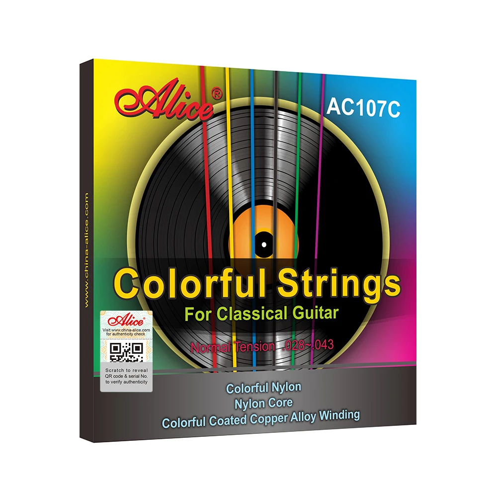 Alice AC107C Bunte klassische Gitarrensaiten, buntes Nylon, bunt beschichtete Kupferlegierung, umsponnen, normale Spannung, 028–043 Zoll Image