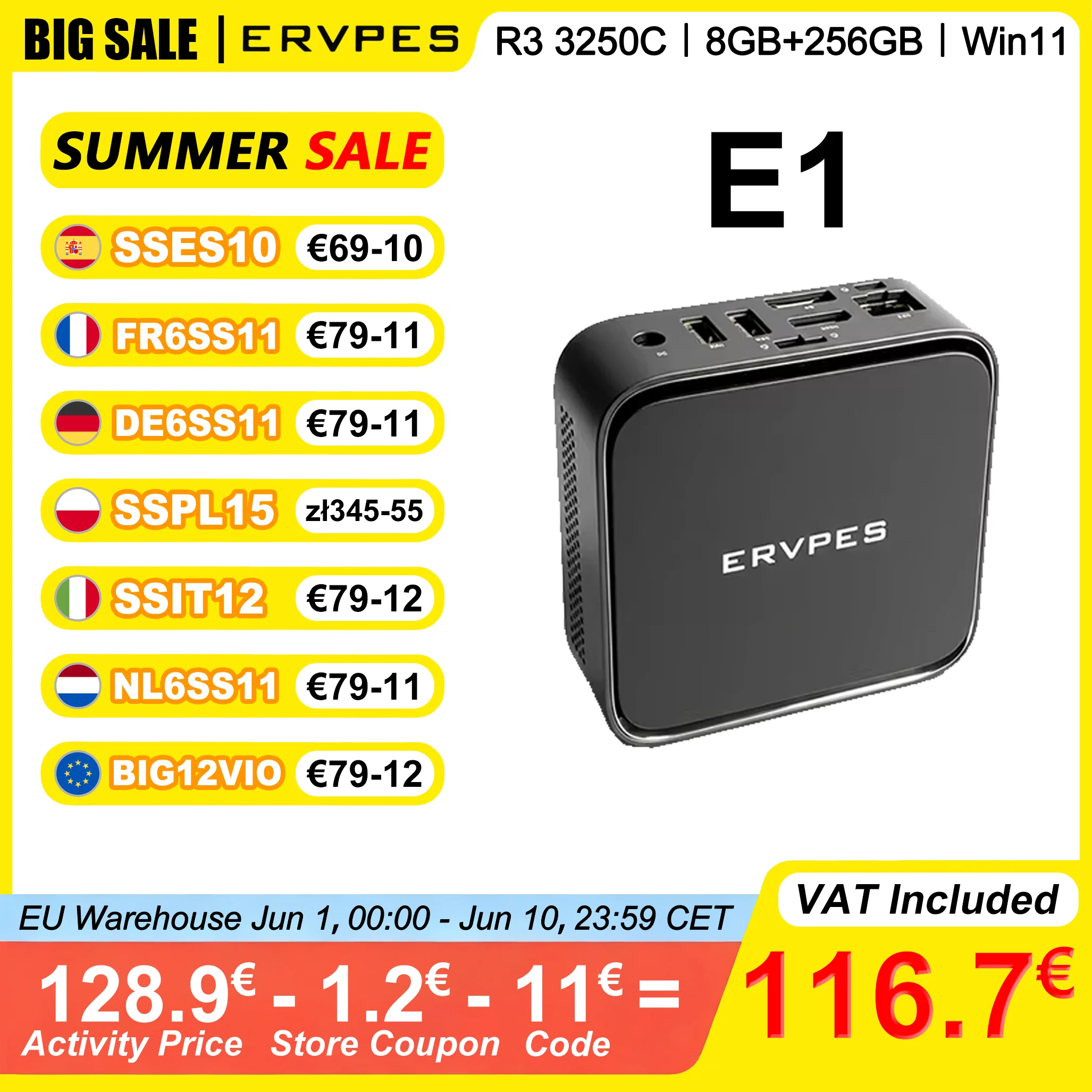 ERVPES E1 Mini-PC AMD Ryzen 3 3250C 8GB DDR4 256GB SSD Windows 11 Dual-Band WLAN BT5.2 HDMI DP Büro-Desktop-Mini-Computer Image