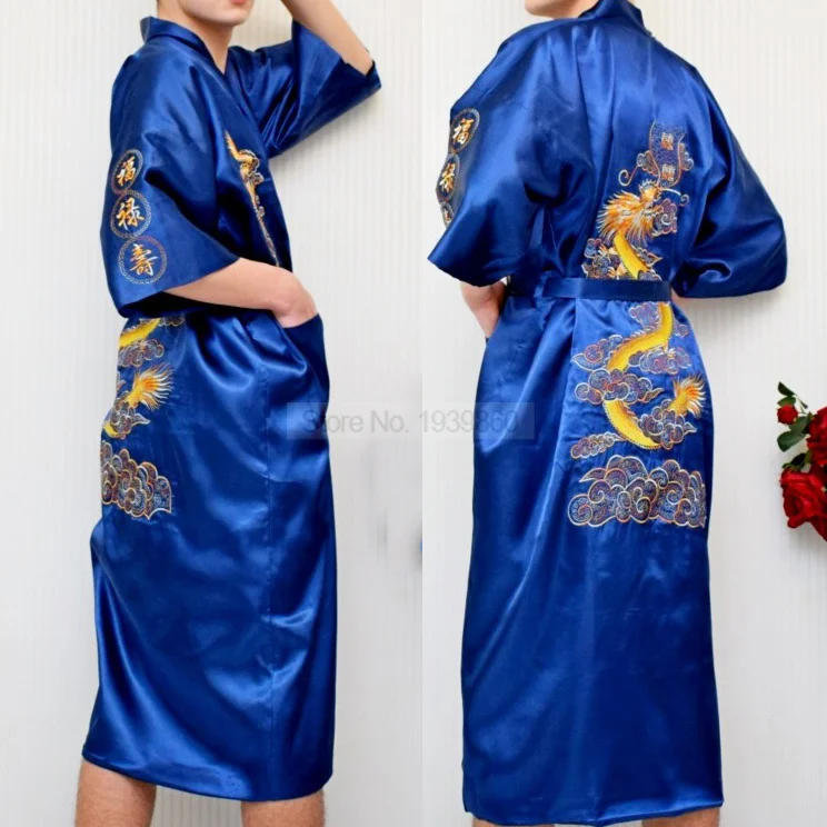 Chinesische Männer Seidige Satin Robe Traditionellen Stickerei Drachen Kimono Yukata Bad Kleid Lose Sommer Bademäntel Sexy Nachthemd Image