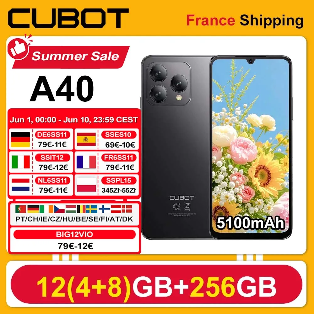Cubot A40 Smartphone Android 15 12 GB(4 + 8 )+ 256 GB 6,88'' 120Hz 5100 mAh NFC/GPS Gesichtserkennung 4G Telephone Portable IPS Image