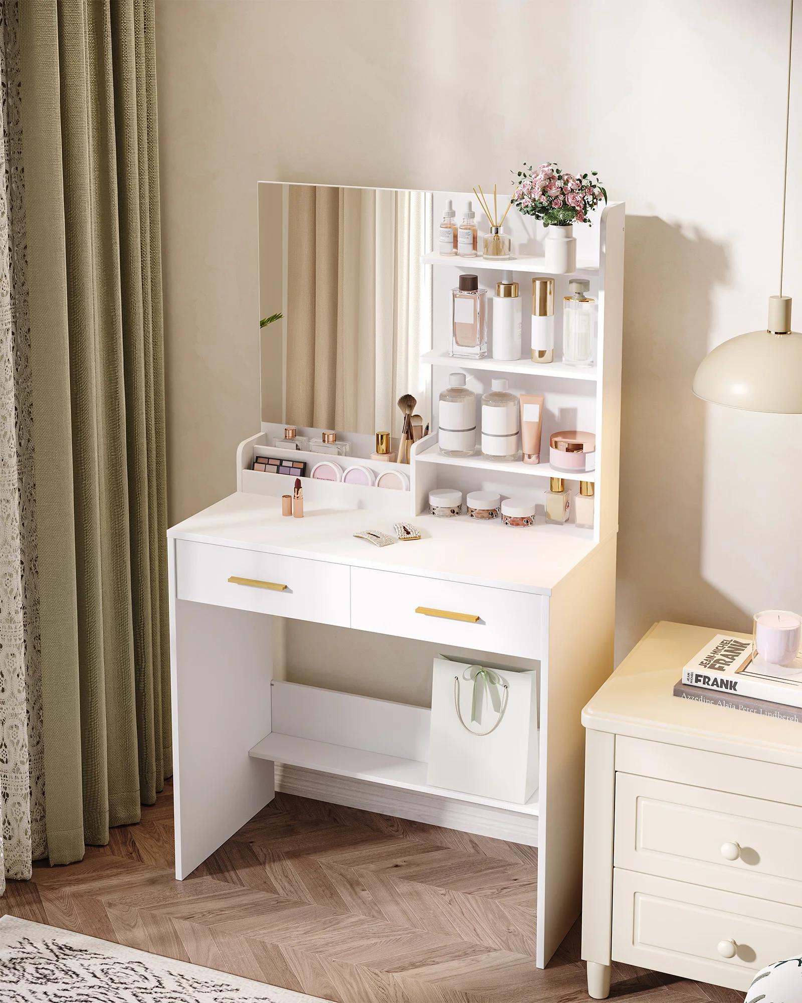 Hzuaneri Schminktisch mit Spiegel, Schminktisch mit 4 offenen Regalen und 2 Fächern, Schminktisch mit 2 Schubladen, Weiß Image