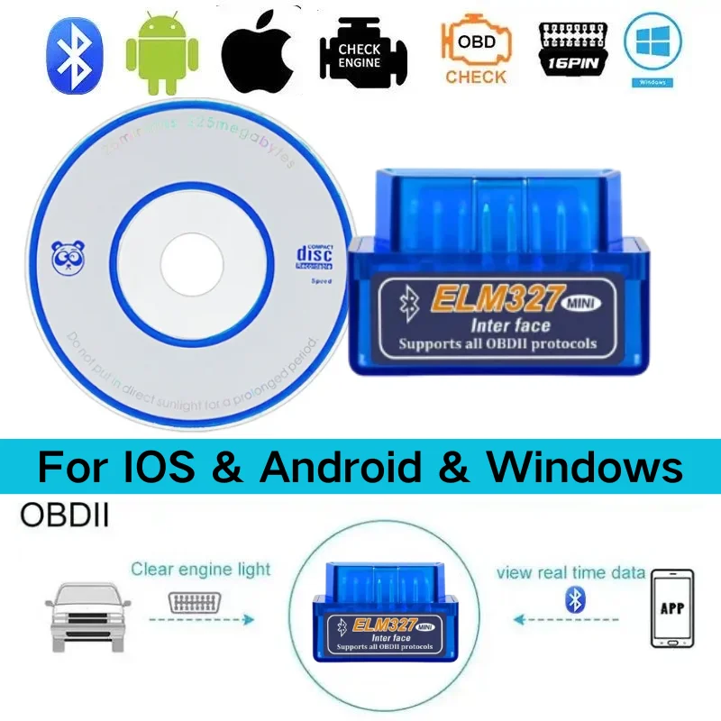 Mini ELM327 Bluetooth 5.1 OBD2 Scanner mit CD V2.1/V1.5 Auto-Diagnose-Codeleser Motorfehlerprüfung für Android iOS Windows Image