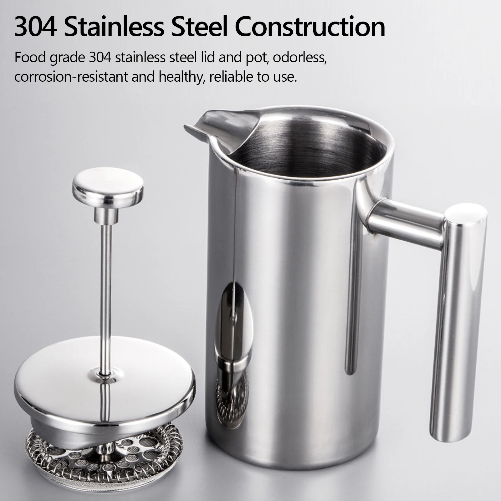 French Press Pot Filterpresse, handgefertigte Kaffeekanne, Edelstahl, hochwertig, doppelwandig, isoliert, 350 ml/800 ml/1000 ml Image