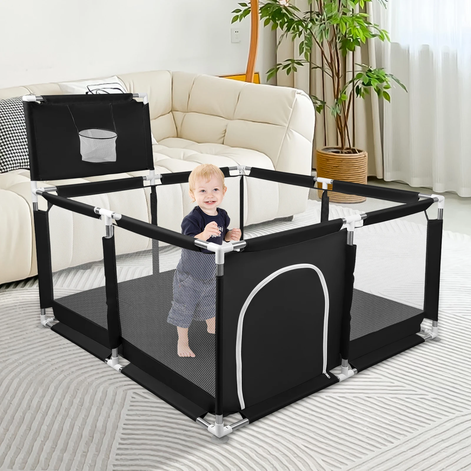 Baby Park, Bullet-Schwimmbecken für Babys, mit Basketballkorb, 126x66cm, mit atmungsaktivem Netz auf vier Seiten, dunkelgrau/hellgrau/schwarz/blau Image