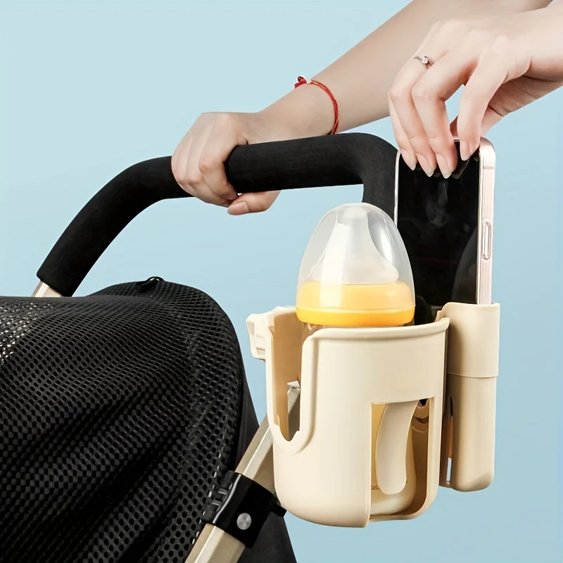2-in-1 Universal Kinderwagen Wasserbecherhalter mit Telefonhalter, universeller Flaschenhalter für Rollstuhl Kinderwagen Zubehör Image