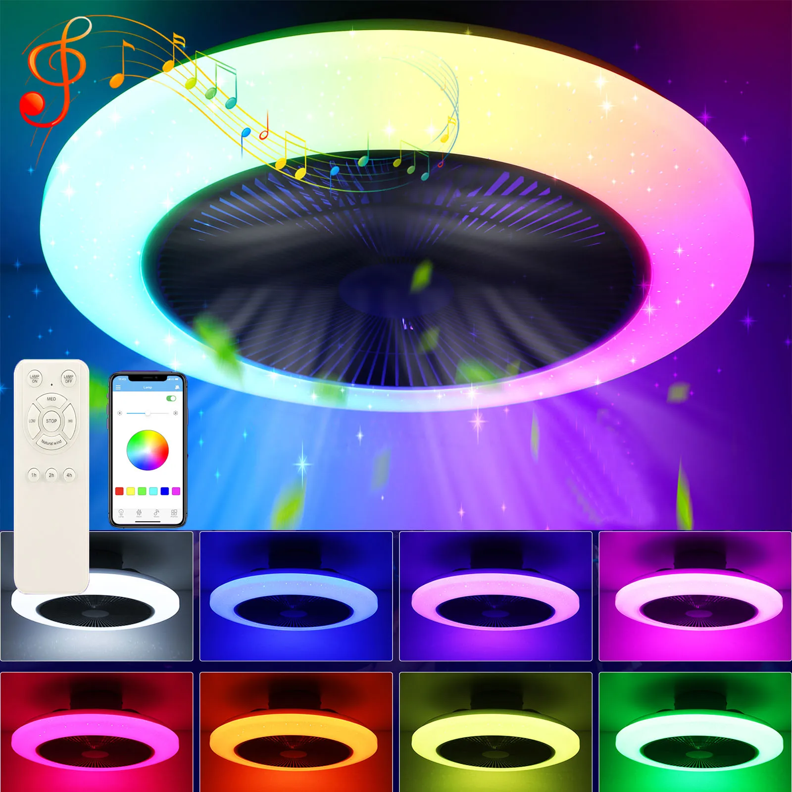50W Bluetooth Musik RGB LED Deckenventilator mit Beleuchtung, Luftzirkulations-Deckenventilator, runde Deckenleuchte mit Sternenhimmel-Effekt, dimmbar
