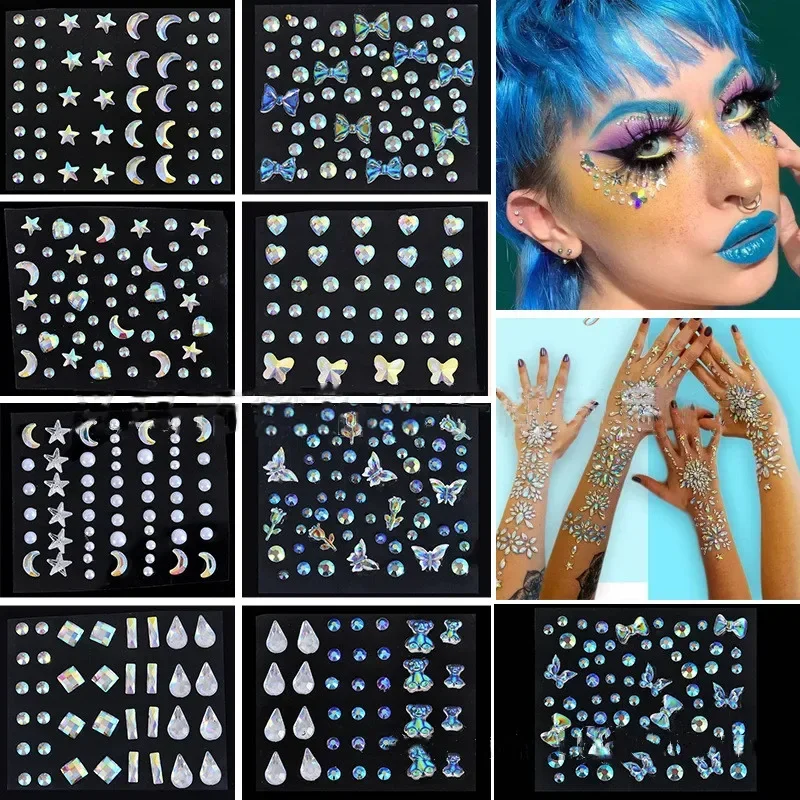 1 blatt Gesicht Edelsteine 3D Kristall Selbst-Adhesive Strass Juwelen Aufkleber Festival Phantasie Party Körper Glitter Aufkleber DIY Gesichts tattoo Image