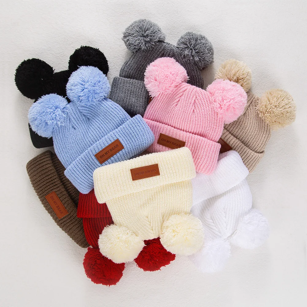 Leder Stick Baby Mützen 0-3T Solide Strick Nette Neugeborene Jungen Mädchen Turban Hüte Bonnets Infant Herbst winter Pompom Headwraps Image