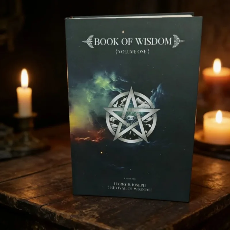 Das Buch der Weisheit: Ein Buch mit dem Pentagramm-Symbol als visuellem Kern, das sich auf spirituelles Erwachen und die Wiederbelebung der Weisheit konzentriert. Image