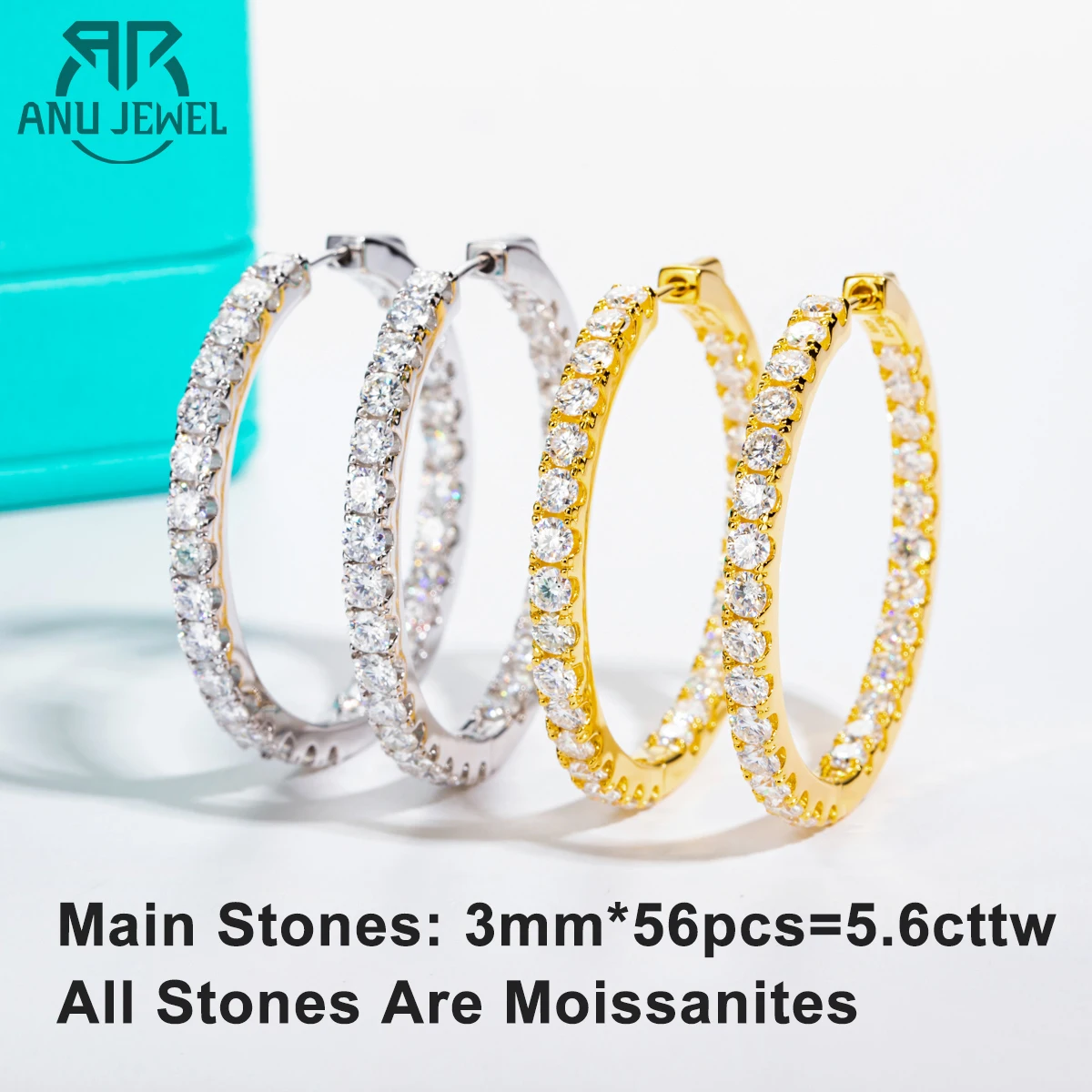 AnuJewel 3mm 5,6 cttw D Farbe Moissanite Große Creolen 925 Sterling Silber Luxus Huggie Ohrring Für Frauen Schmuck großhandel
