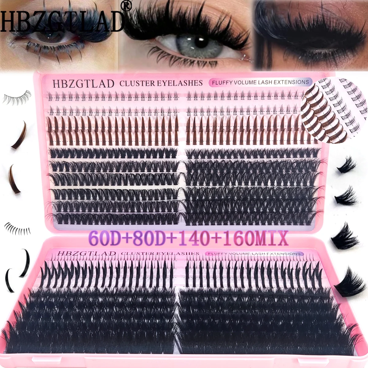 HBZGTLAD 60D/80D/100D/140D/160D Wimperncluster mit unteren und spitzen Wimpern DIY Fee Manga spitzer dicker künstlicher Nerz Image