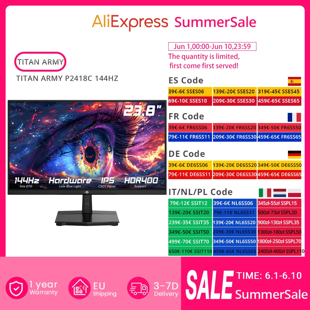 TITAN ARMY P2418C Büromonitor, 23,8 Zoll 1920*1080 16:9 CSOT IPS-Bildschirm, 144 Hz, HDR400, 6 Szenario-Modi, unterstützt VESA-Halterung Image