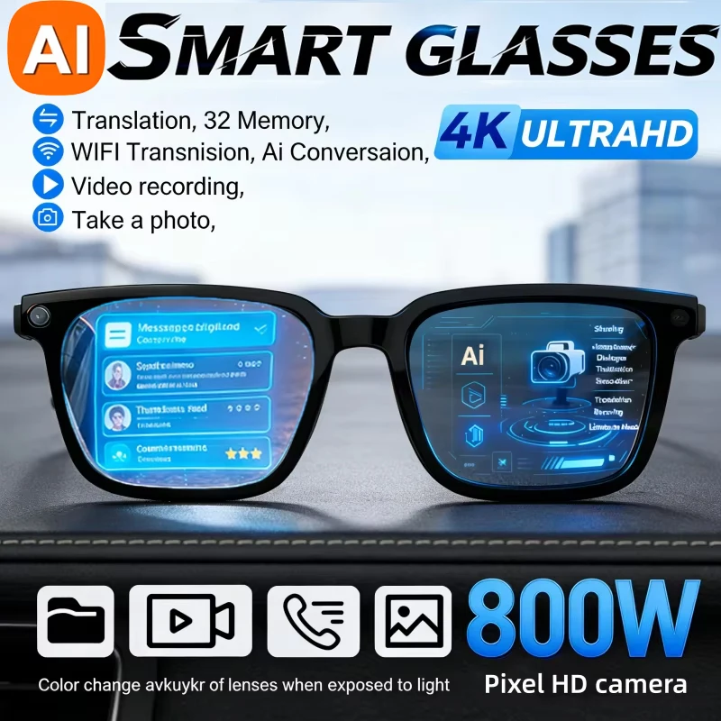 KI-Smart-Brille mit KI-Übersetzung, 8MP HD-Kamera, 4K-Aufnahme, Bildkonversation, Aufnahme, Musikwiedergabe, Smart-Motorradbrille Image