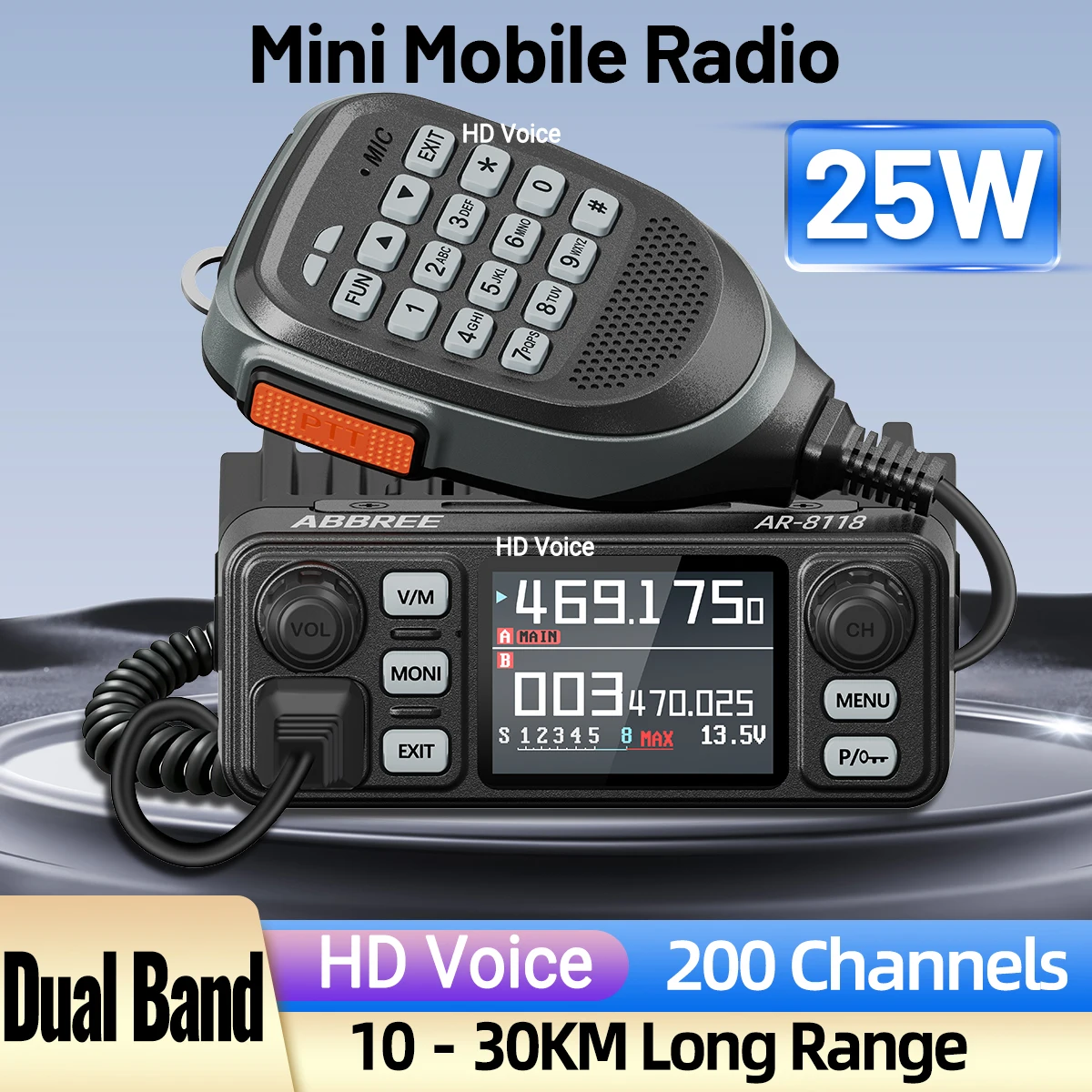 ABBREE AR-8118 25W Dual Band Mini Mobile Radio HD Voice 200CH Long Range VHF UHF Anti-Interferenz Dual PTT HD Vioce Autoradio Image