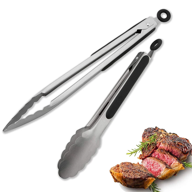 LMETJMA 9'' 12'' 14'' 16'' Küchenzange Edelstahl-Grillzange zum Kochen BBQ Rutschfeste Salatzange Clips KC0312 Image