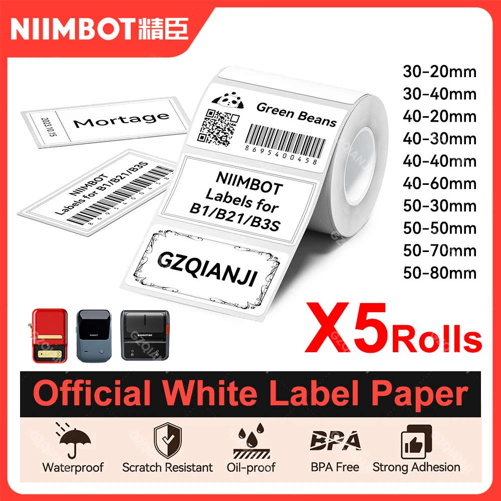 5 Rollen Niimbot Thermo papier für b21 b1 Drucker Home-Office-Etiketten rollen buntes Klebe papier quadratisch bedruckbare Aufkleber papiere