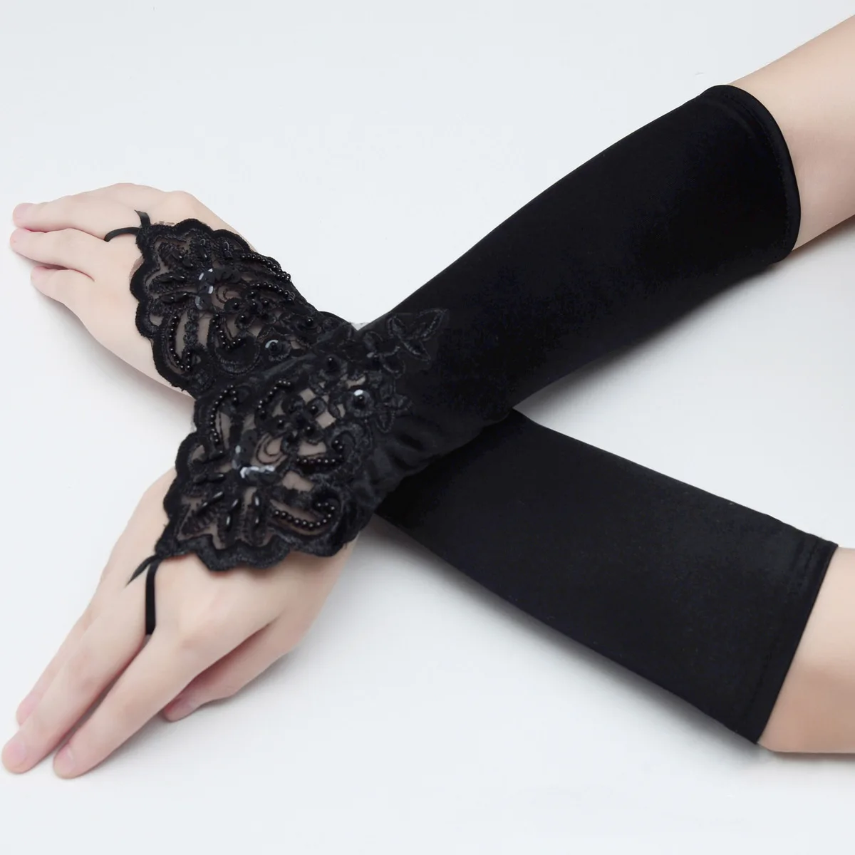 31 cm Vintage 1920er Jahre Fingerlose Spitze Pailletten Satin Party Handschuhe Kostüm Zubehör Stretch Schwarz Frauen Lange Handschuhe