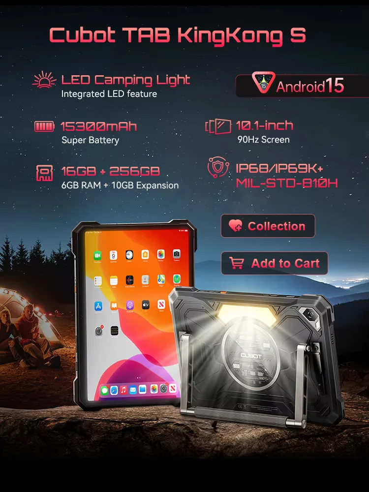 Tablet Android 15 Cubot TAB KingKong S, 15300 mAh Akku, 16 GB (6 + 10), 256 GB, 10,1 Zoll 90 Hz Display, Campingleuchte, 48 MP Kamera Image