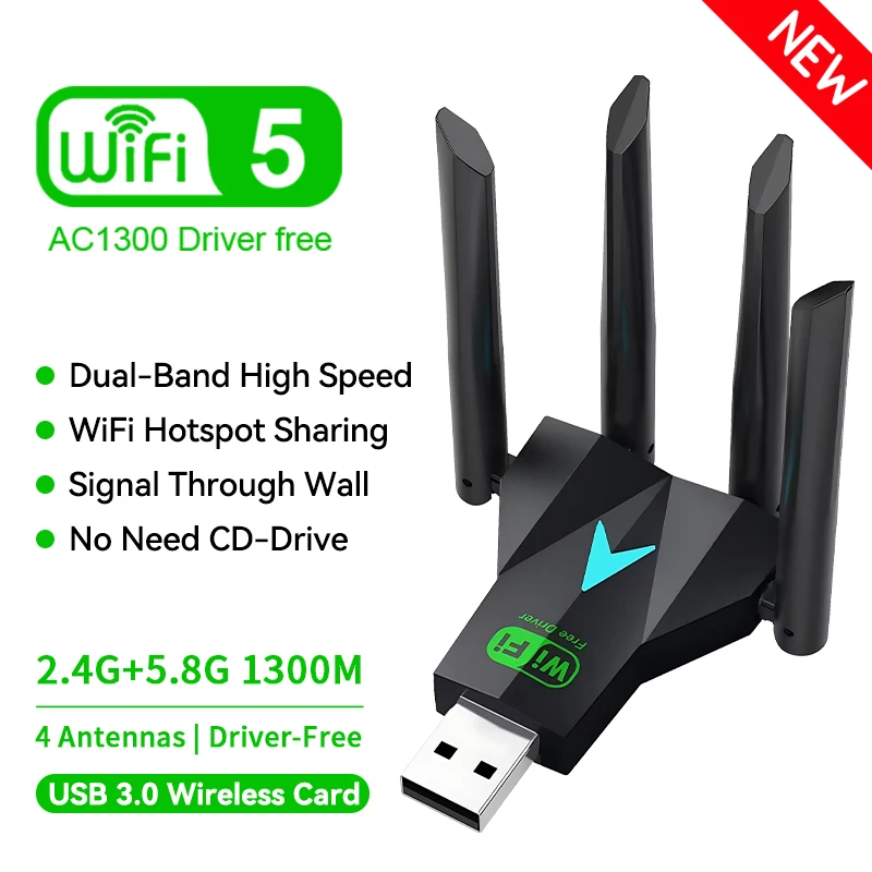 Dualband 1300 MBit/s WLAN-USB-Adapter 2,4g/5GHz WLAN-Dongle USB 3,0 802,11 AC 4-Antennen-Funkempfänger für PC/Laptop-Treiber kostenlos Image