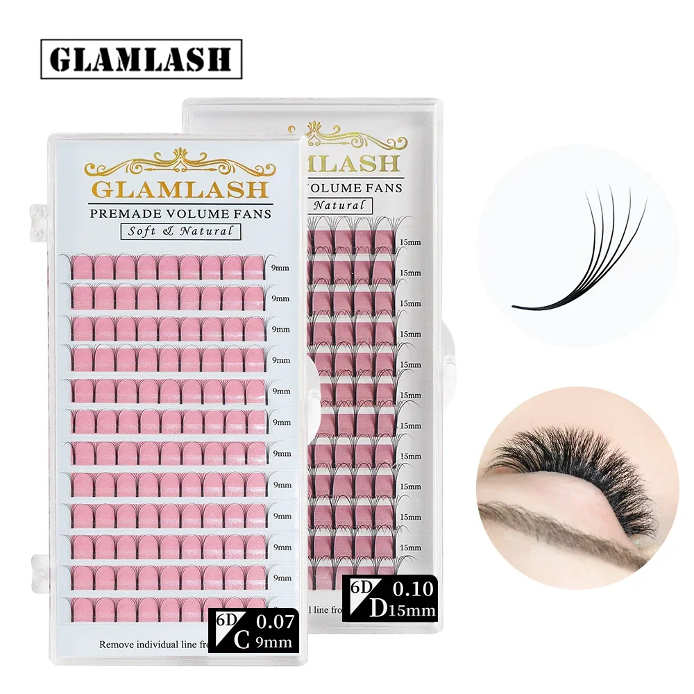 GLAMLASH 2D 3D 4D 5D 6D Falsche Wimpern mit langem Stiel, vorgefertigte russische Volumenfächer, künstlicher Nerz, vorgefertigte Wimpernverlängerungen, Make-up, Cilios Image