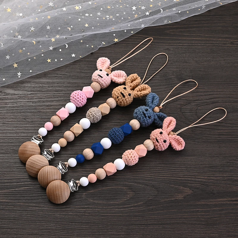 Neue Baby Holz Schnuller Clip Holz Häkeln Kaninchen Zahnen Schnuller Kette Für Pflege Kauen Spielzeug Baby Dummy Halter Kette BPA FREI Image